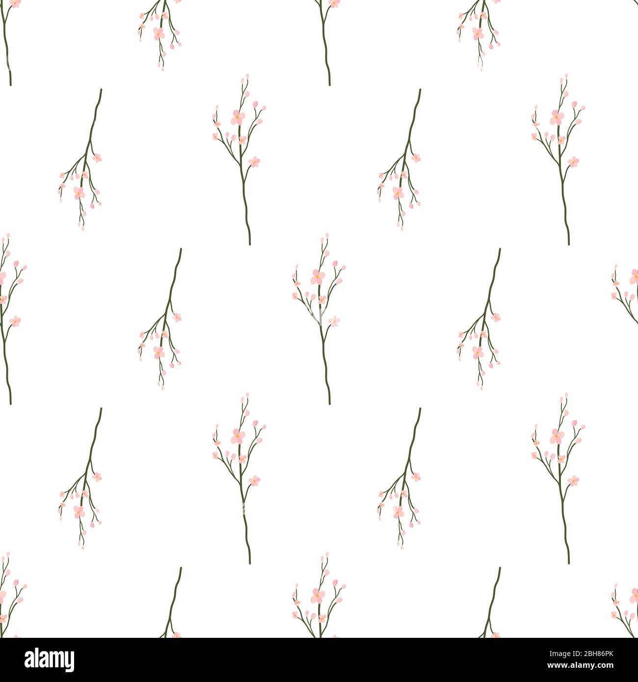 Ramificazione in fiore di ciliegio modello senza cuciture per carta da imballaggio, tessuto. Sfondo vettoriale con sakura in fiore. Illustrazione botanica. Illustrazione Vettoriale