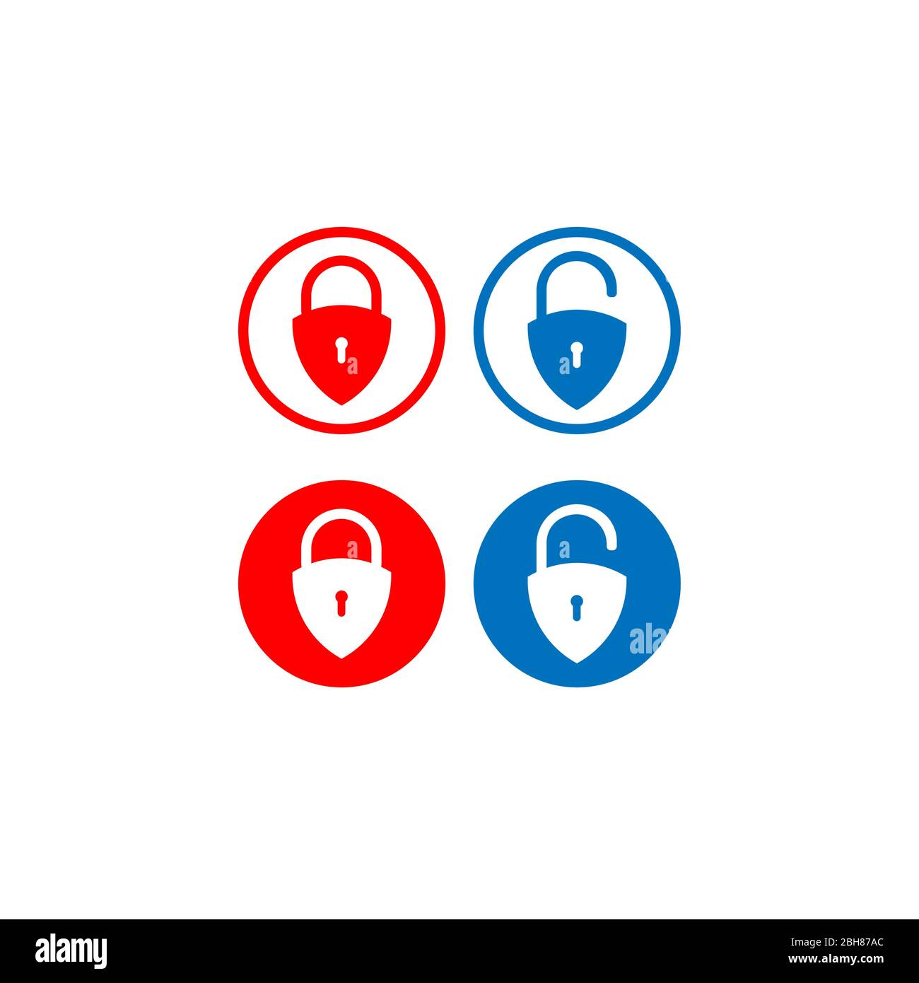 Pulsante di sblocco blocco minimo impostato. Illustrazione vettoriale con icona con lucchetto e protezione a forma rotonda. Simbolo di protezione isolato su sfondo bianco. Sicurezza Illustrazione Vettoriale