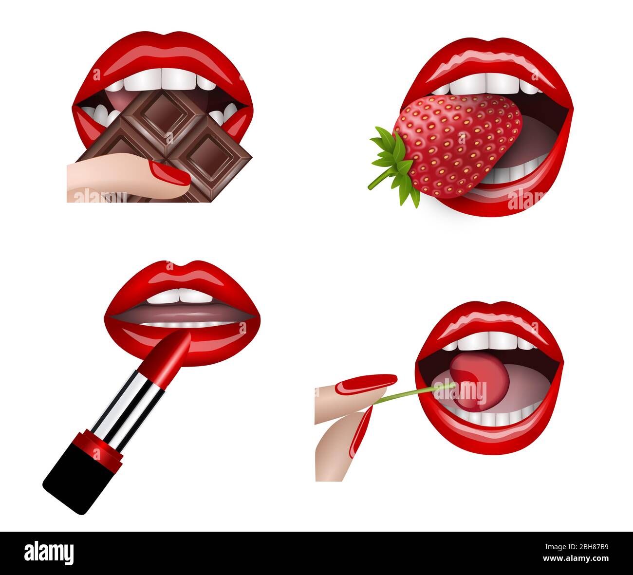 Set di labbra rosse. Labbra femminili con cioccolato, fragola, rossetto e ciliegia Foto Stock