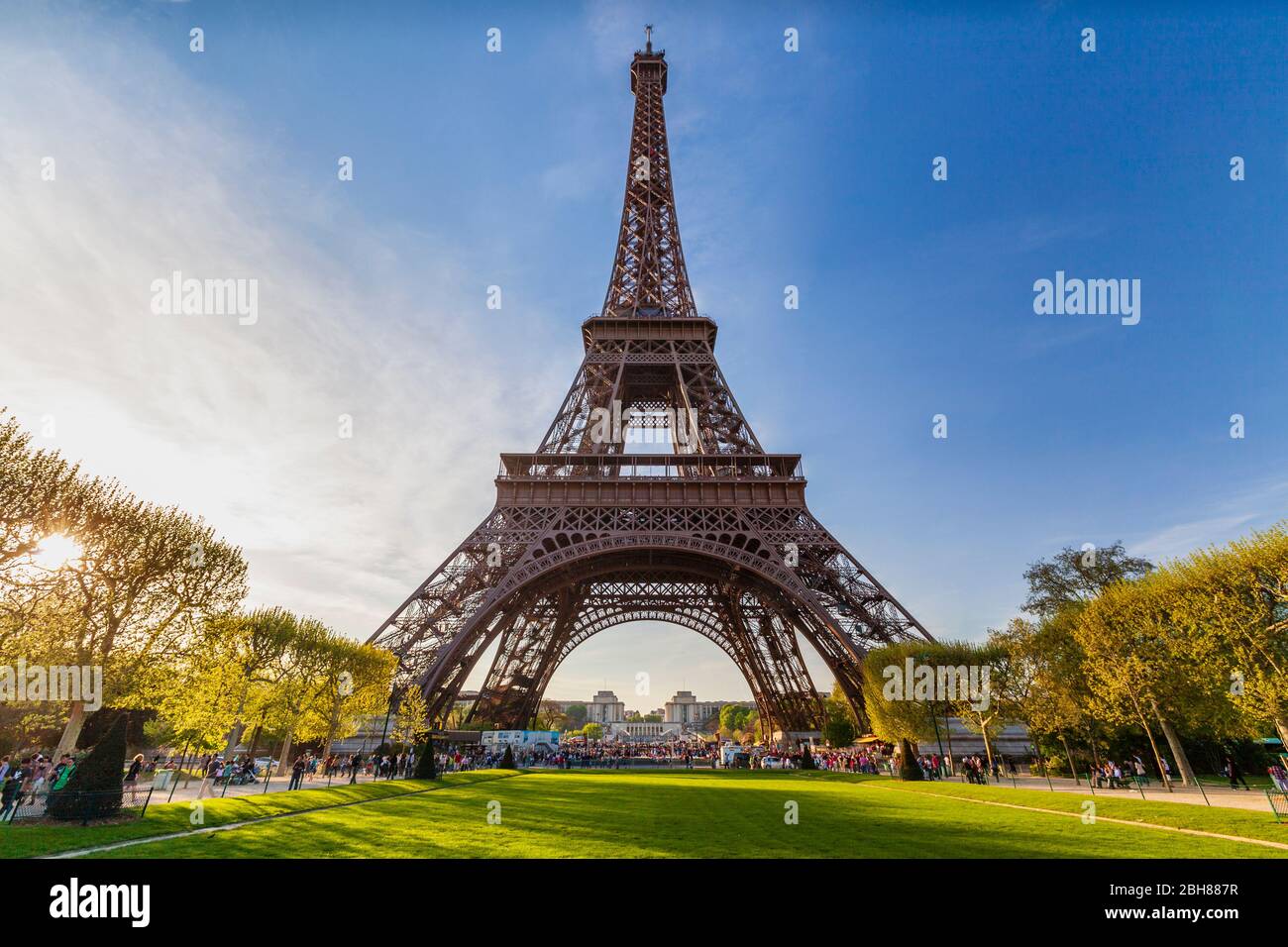 La Torre Eiffel dal Champ de Mars, Parigi Foto Stock