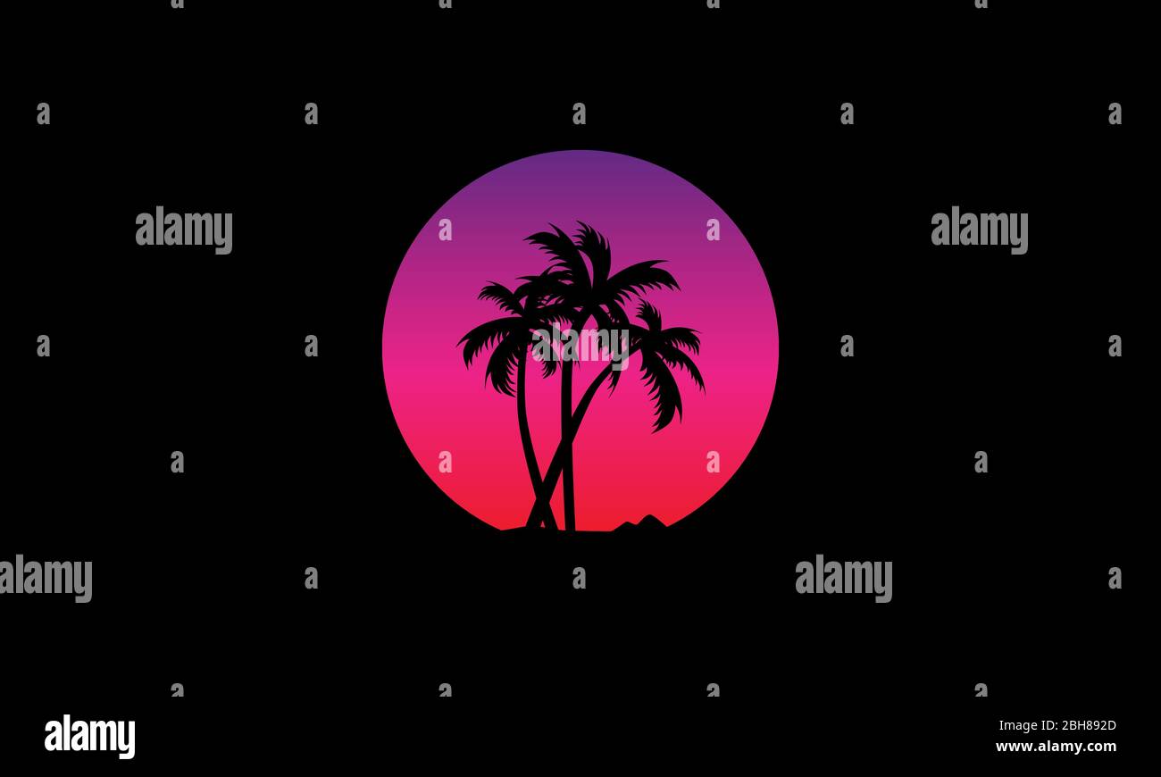 Silhouette di tre palme su un'isola contro un cielo con un gradiente di viola, rosa e rosso che rappresenta il tramonto o l'alba. Illustrazione Vettoriale