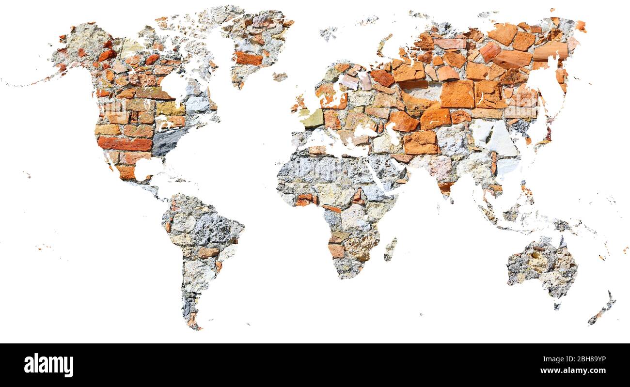 Mappa del mondo ritagliata in un antico muro fatto di mattoni e pietre Foto Stock