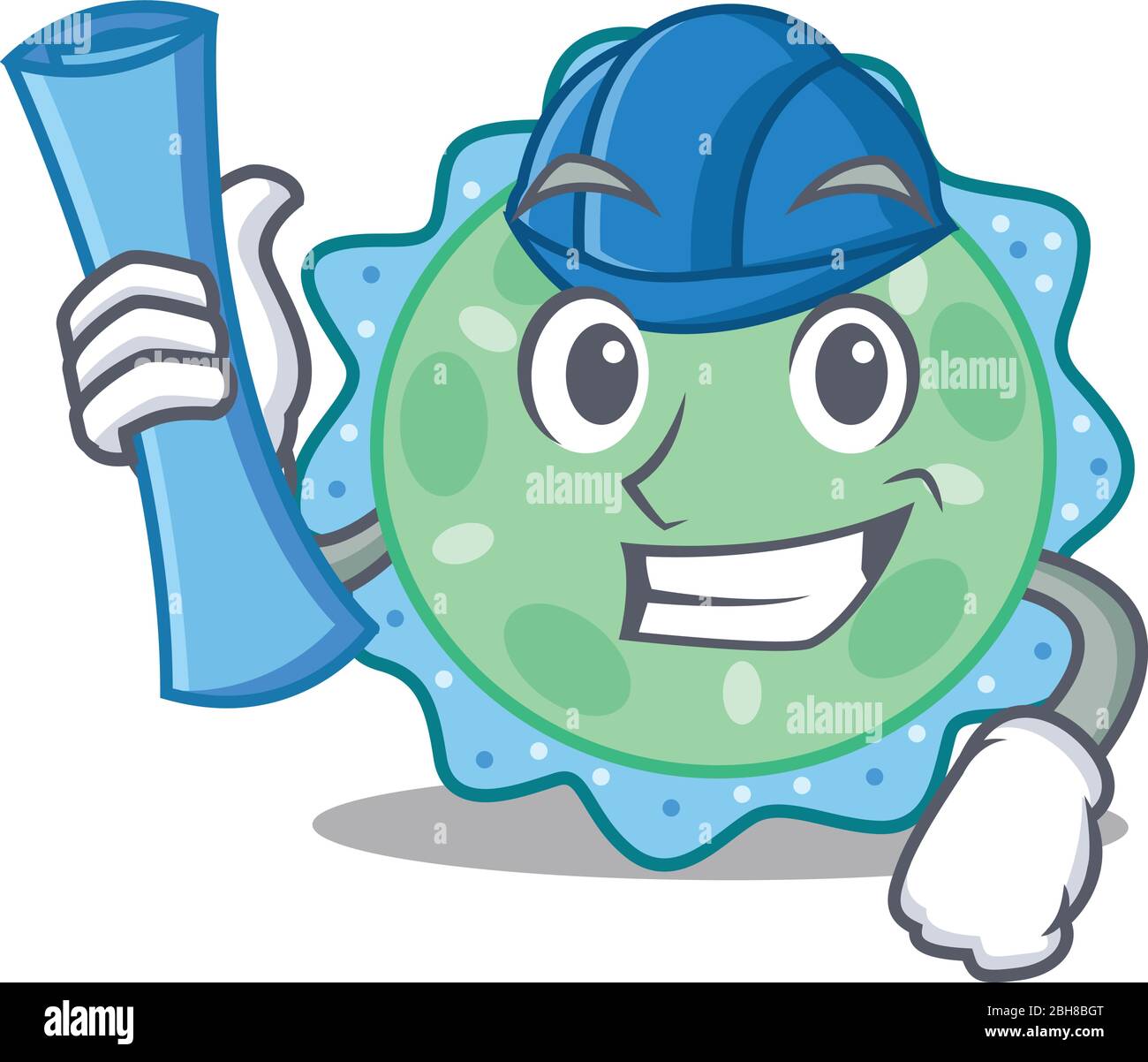 Personaggio cartoon di pseudomonas aeruginosa Brainy architetto con stampe blu e casco blu Illustrazione Vettoriale