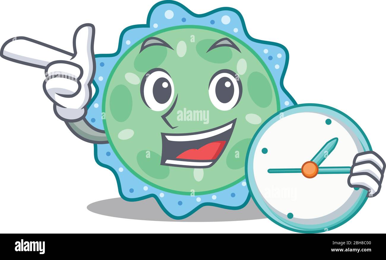 Pseudomonas aeruginosa mascotte design concetto sorridente con orologio Illustrazione Vettoriale