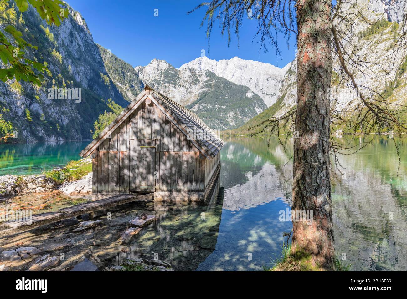 Bootshütte am Obersee, Watzmann hinten, Salet am Königssee, Berchtesgadener Land, Nationalpark Berchtesgaden, Oberbayern, Bayern, Deutschland Foto Stock