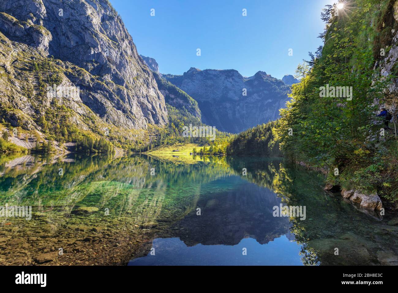 Obersee mit Blick zur Fischunkelalm, Salet am Königssee, Berchtesgadener Land, Nationalpark Berchtesgaden, Oberbayern, Bayern, Deutschland Foto Stock