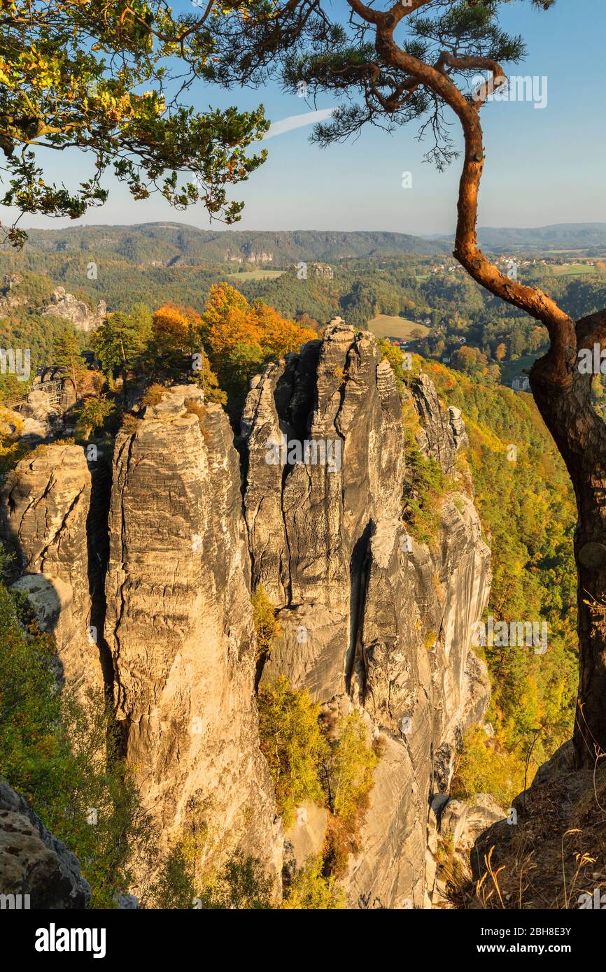 Torri rocciose ai Bastei vicino a Rathen, montagne di arenaria dell'Elba, Parco Nazionale della Svizzera Sassonia, Sassonia, Germania Foto Stock