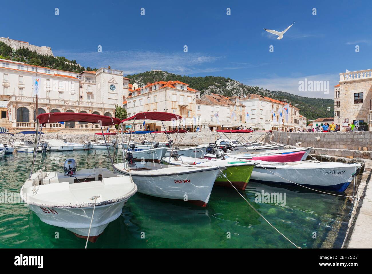 Hafen am Stefansplatz mit Blick zur Festung, Hvar, Insel Hvar, Dalmatien, Kroatien Foto Stock