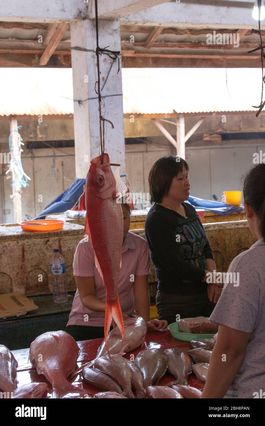 Tomohon, Indonesia - 12 agosto 2017: Persone al mercato del pesce di Tomohon, Indonesia Foto Stock