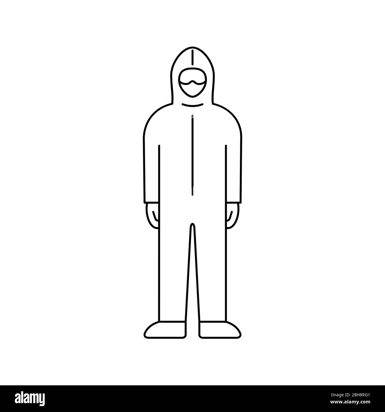 Icona della linea di tuta protettiva. Dispositivi di sicurezza personale per uso medico. HAZMAT PPE Suit. Precauzione contro il virus Corona. Profilo di indumenti da lavoro monouso. Vettore, clip art. Illustrazione Vettoriale