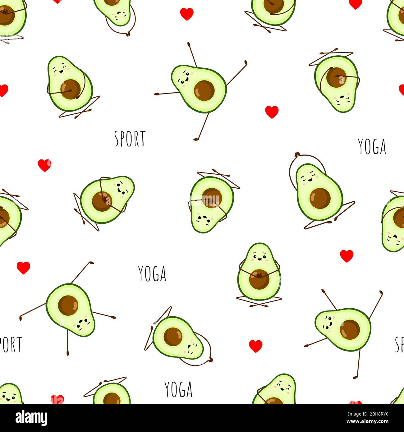 Modello senza cuciture di Avocado yoga. Avocado carattere su sfondo bianco. Yoga per donne incinte. Carina illustrazione per biglietti di auguri Illustrazione Vettoriale