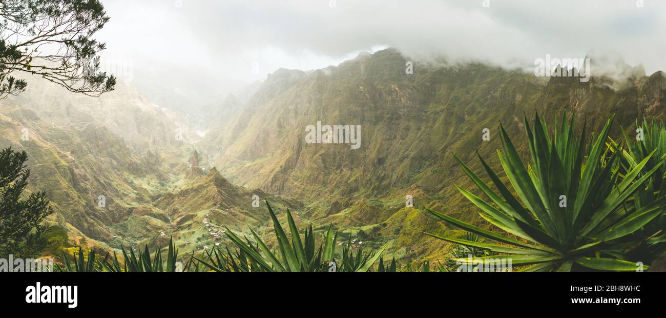 Piante di Agava e montagne rocciose nella valle di XOXO nell'isola di Santo Antao, Capo Verde. Scatto panoramico. Foto Stock