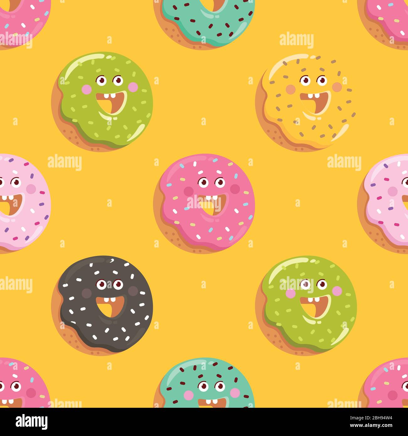 Divertente cartoon modello di ciambella. Buona ciambella su sfondo giallo. Illustrazione vettoriale. Illustrazione Vettoriale
