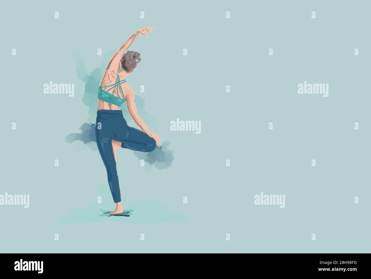 le donne che si equilibrano su una gamba in isol di illustrazione di posa dell'albero di yoga Foto Stock