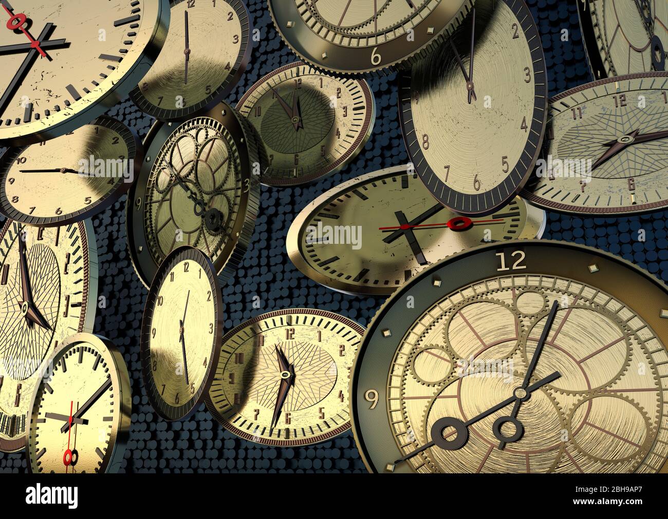 Verschiedene schwebende und verzerrte Uhren aus korrodiertem Goldmetall vor strukturiertem blauen Hintergrund. Ansicht von Unten Foto Stock
