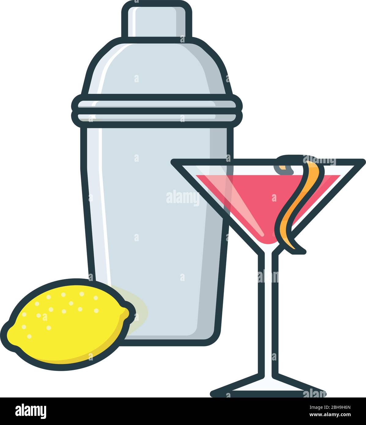 Cocktail cosmopolita, shaker e limoni isolato illustrazione vettoriale per il giorno Cosmopolitano il 7 maggio. Famoso simbolo del colore delle bevande alcoliche Illustrazione Vettoriale