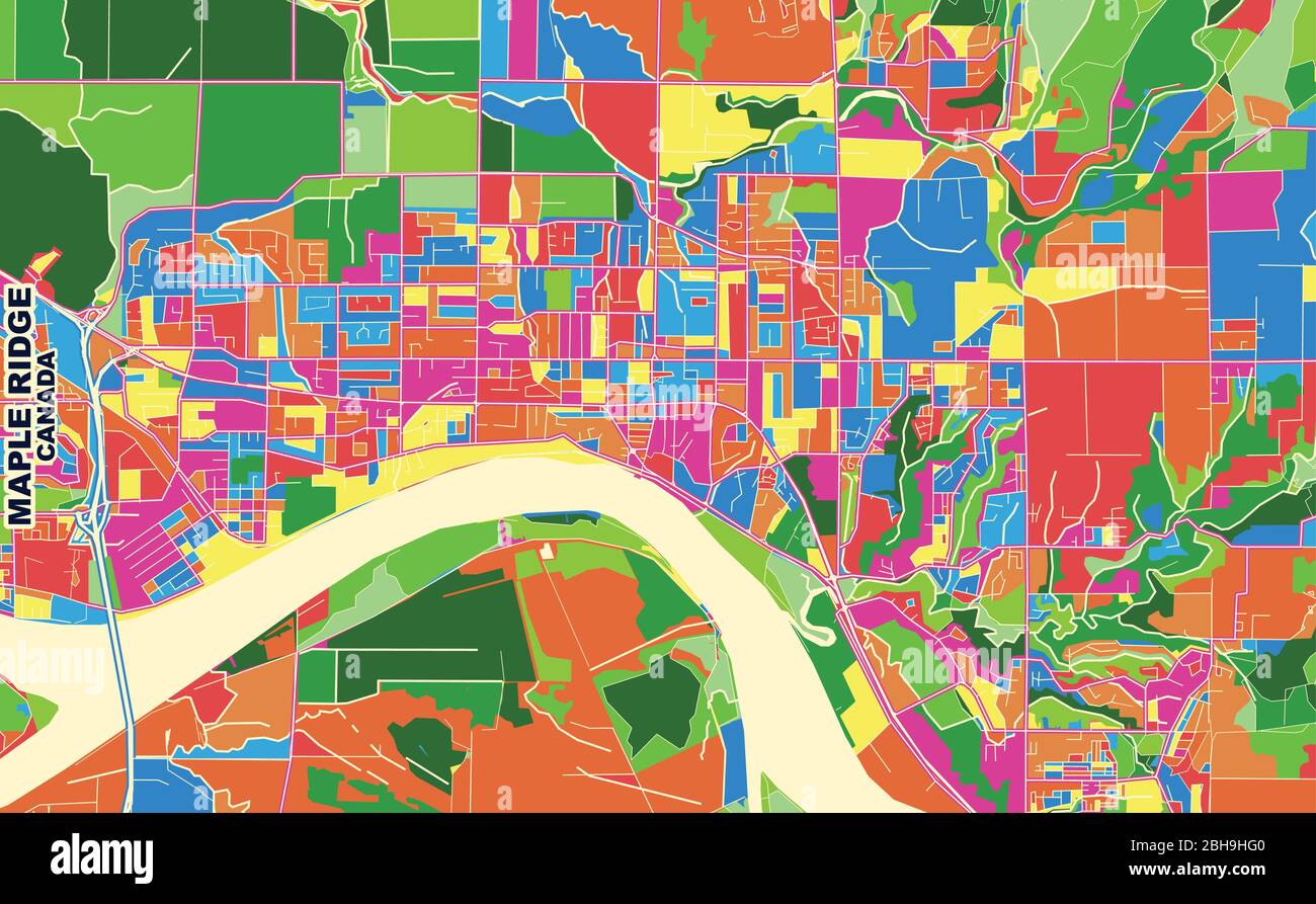 Mappa vettoriale colorata di Maple Ridge, British Columbia, Canada. Modello Art Map per autostampare opere d'arte murali in formato orizzontale. Illustrazione Vettoriale