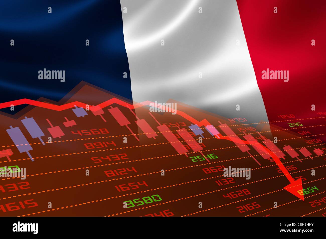 La Francia ha una flessione economica con il mercato azionario che mostra il grafico in basso e in territorio rosso negativo. Crisi del mercato monetario economico e finanziario Foto Stock