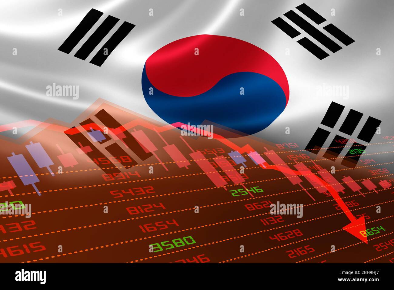 La recessione economica della Corea del Sud con il mercato azionario che mostra il grafico delle azioni in basso e in territorio rosso negativo. Mercato monetario commerciale e finanziario c Foto Stock