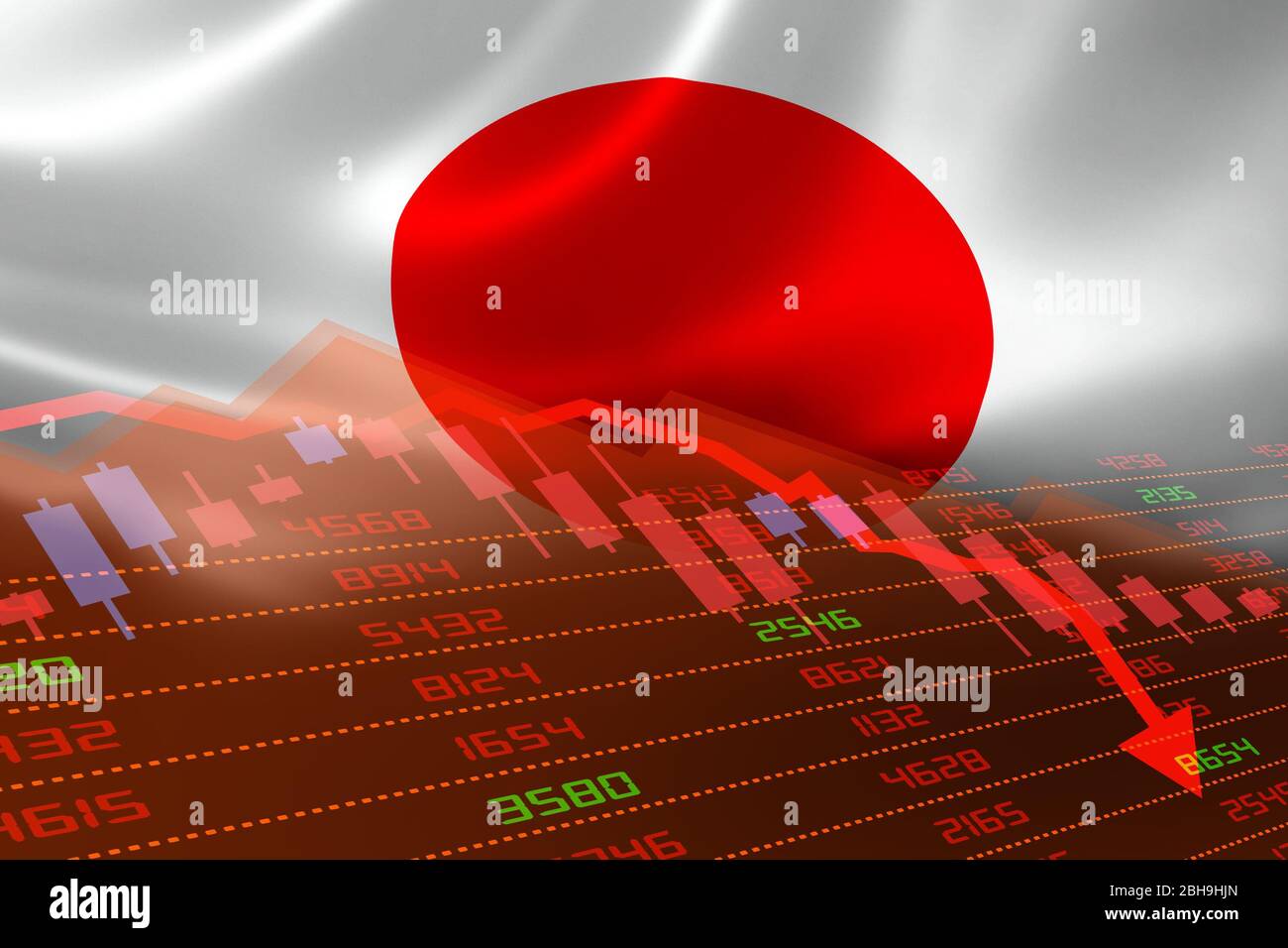 Crisi economica del Giappone con il mercato azionario che mostra il grafico in basso e in territorio rosso negativo. Crisi del mercato monetario economico e finanziario Foto Stock