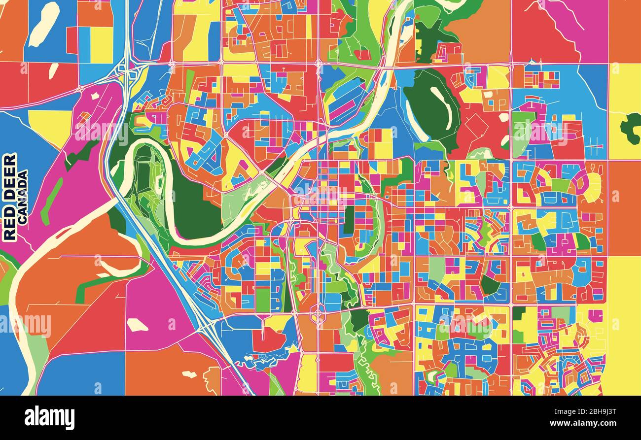 Mappa vettoriale colorata di Red Deer, Alberta, Canada. Modello Art Map per autostampare opere d'arte murali in formato orizzontale. Illustrazione Vettoriale