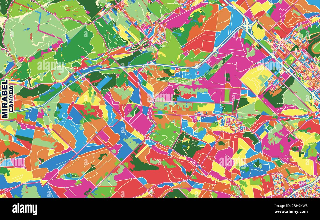 Mappa vettoriale colorata di Mirabel, Quebec, Canada. Modello Art Map per autostampare opere d'arte murali in formato orizzontale. Illustrazione Vettoriale
