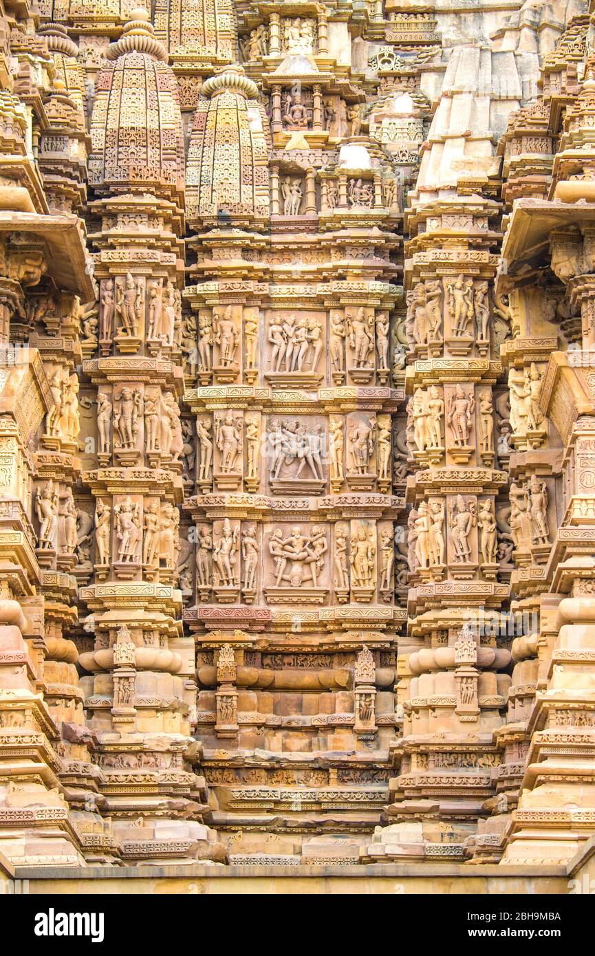 Architettura del tempio, Khajuraho templi, India Foto Stock