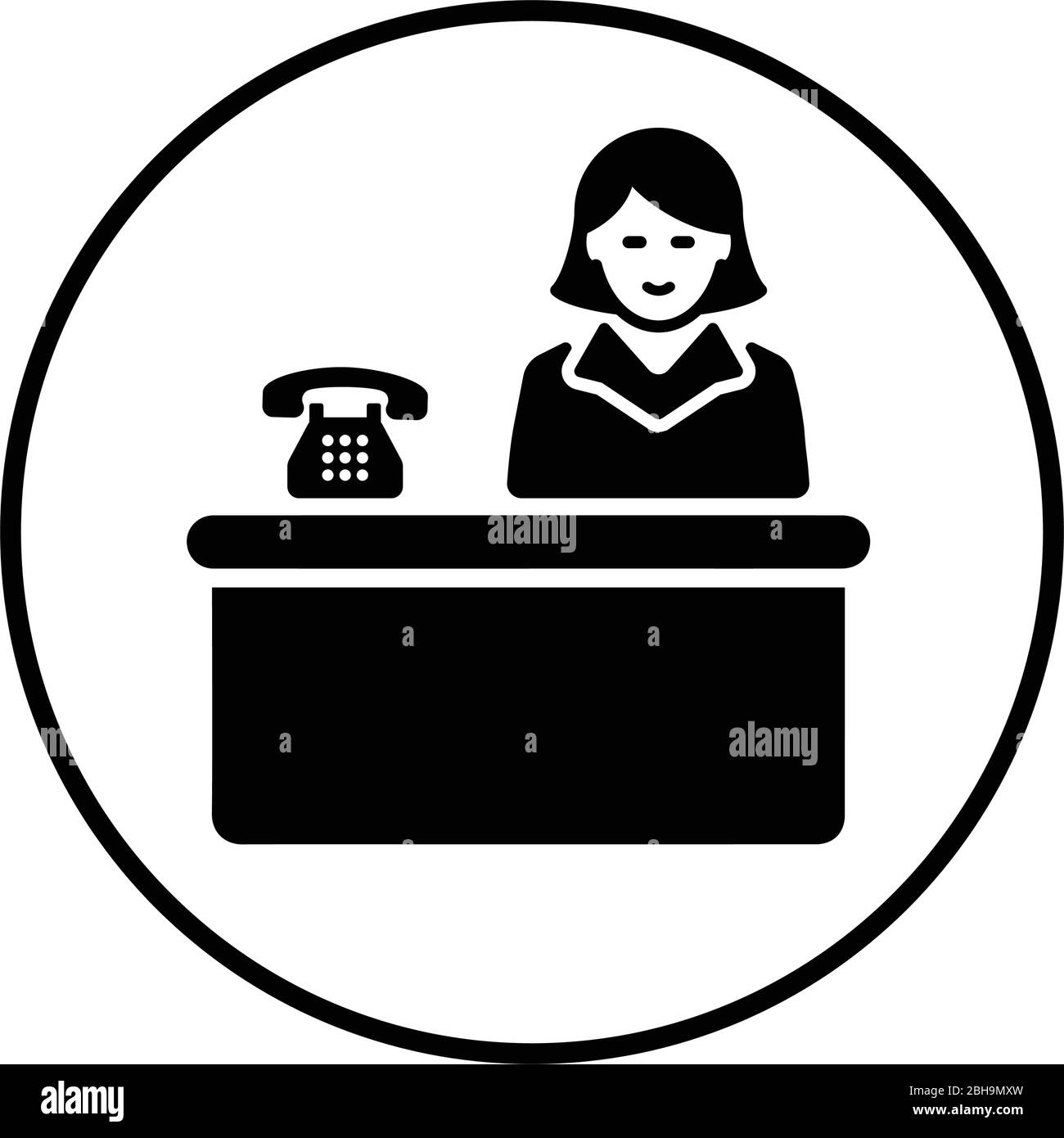 Design bellissimo e reception completamente modificabile, receptionist, banco, lobby, ufficio, icona del servizio per il commercio, stampa media, web o qualsiasi tipo di design Illustrazione Vettoriale