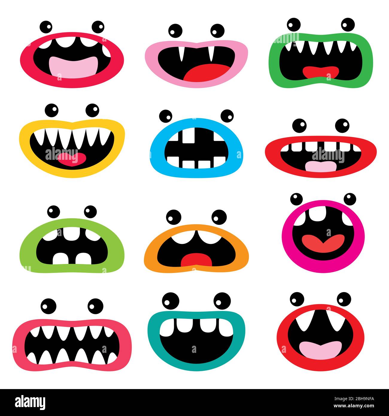 Monster Cartoon personaggio vettore icone set, volti divertenti - bocca aperta con denti, lingua e occhi design Illustrazione Vettoriale