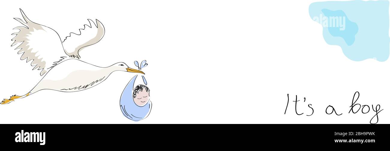 Cicogna che trasporta un bambino. Annuncio di nascita. È un ragazzo. Illustrazione di banner vettoriali fatta da un bambino. Illustrazione Vettoriale