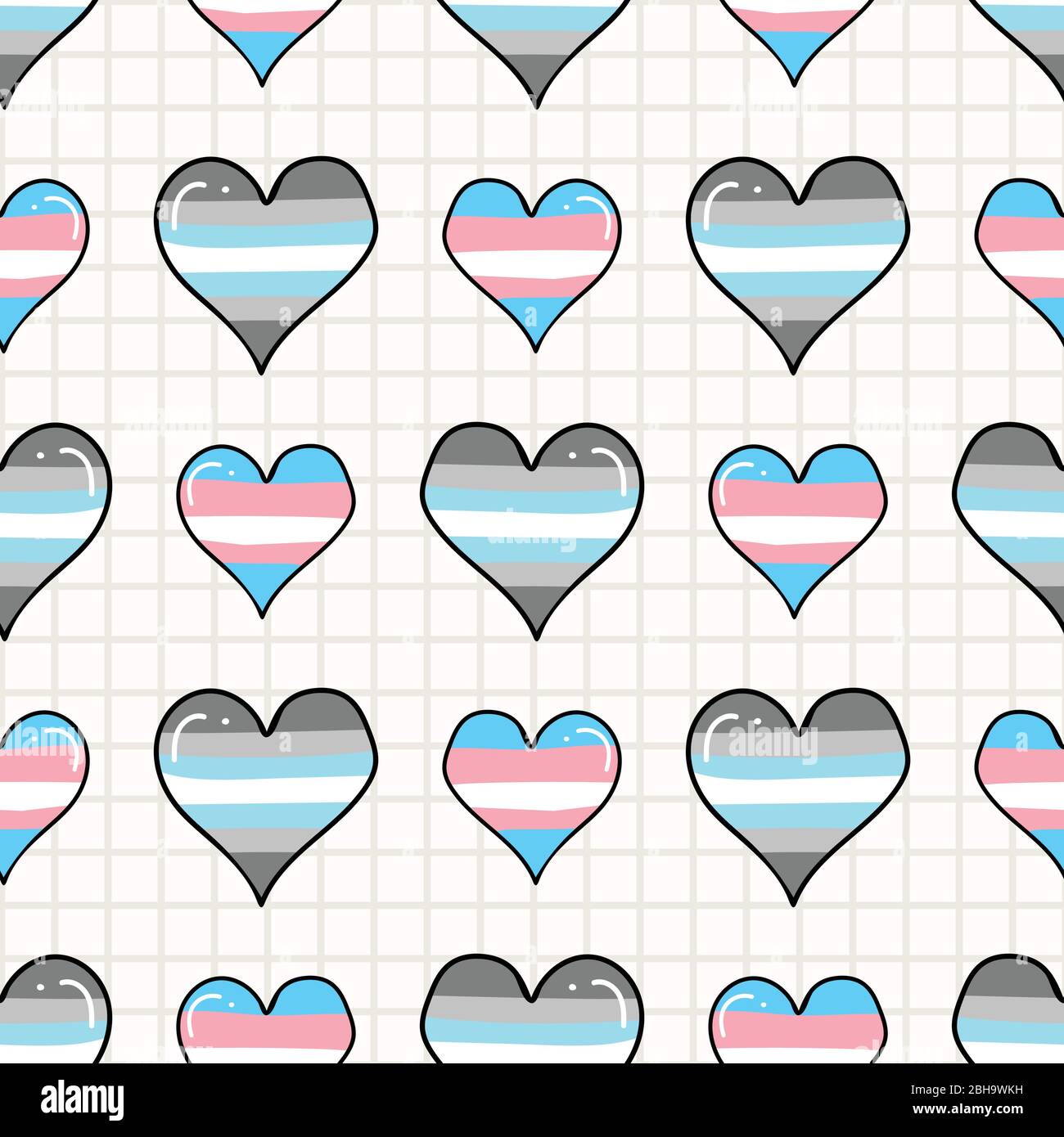 Carino trans demiboy cuore cartone animato senza cuciture vettore modello.  Disegnata a mano bandiera di orgoglio isolato per LGBTQ blog. Stampa su  tutto lo sfondo a strisce transgender Immagine e Vettoriale -