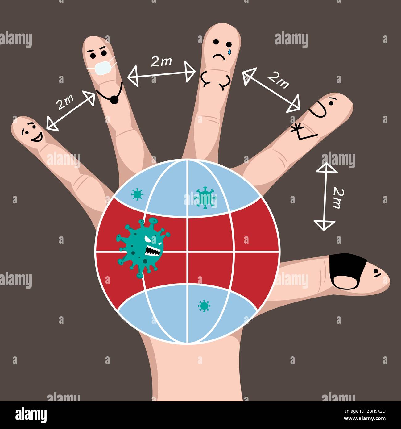 L'epidemia di Covid è accaduto nel nostro mondo, è tempo di fare un'allontanamento sociale. Illustrazione Vettoriale