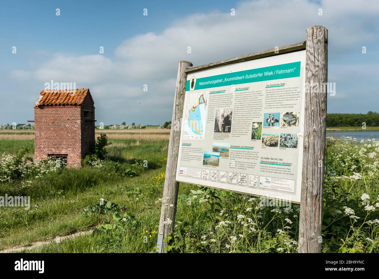 Orth, Fehmarn, Schleswig-Holstein, Germania, segno di riferimento e di informazione per la riserva naturale Krummstert-Sulsdorfer Wink Foto Stock