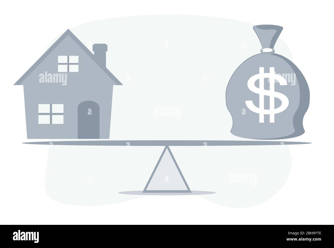 Mercato del prestito di alloggiamento Case campione e Moneybag di equilibrio sul Seesaw concetti immobiliari. Illustrazione Vettoriale