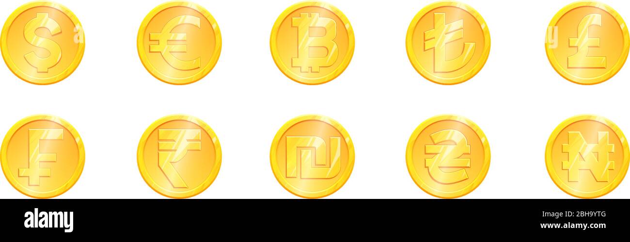 Moneta del mondo simbolo moneta d'oro grande set. Principali valute dollaro euro lira franco rupie shekel naira hryvna bitcoin. Illustrazione di Exchange Money banking. Vettore di azioni di segno finanziario. Illustrazione Vettoriale
