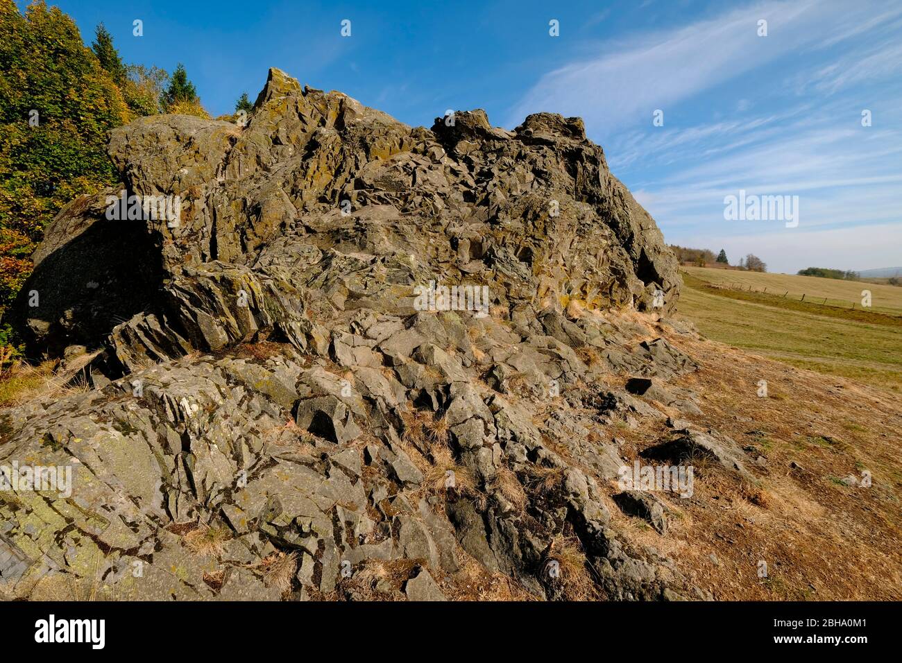 Il Wasserkuppe, la montagna più alta del Rhön e la testa del cavallo in autunno, riserva biosfera Rhön, Assia, Germania Foto Stock