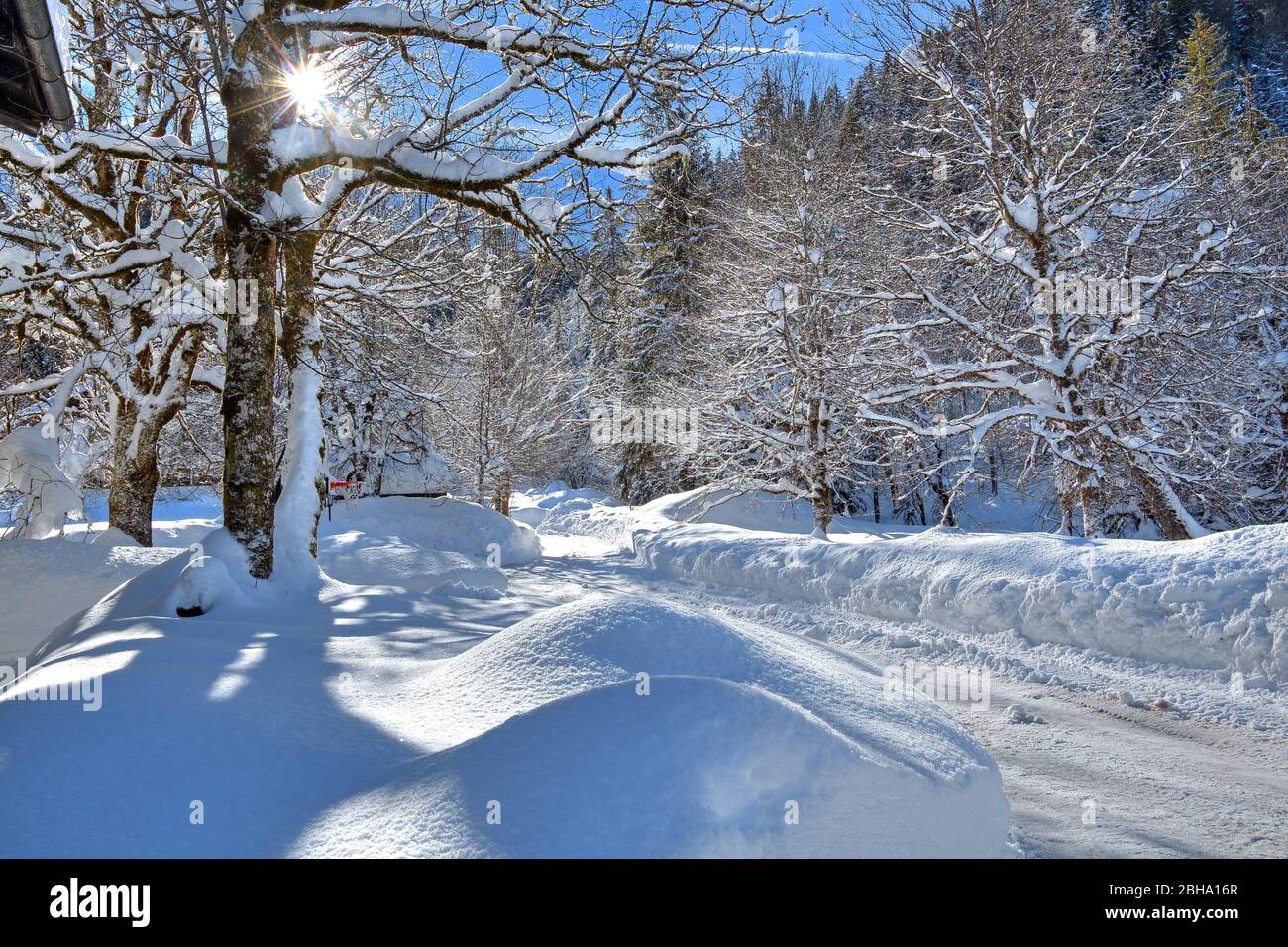 Strada invernale a Elmau a Klais, Werdenfelser Land, alta Baviera, Germania Foto Stock