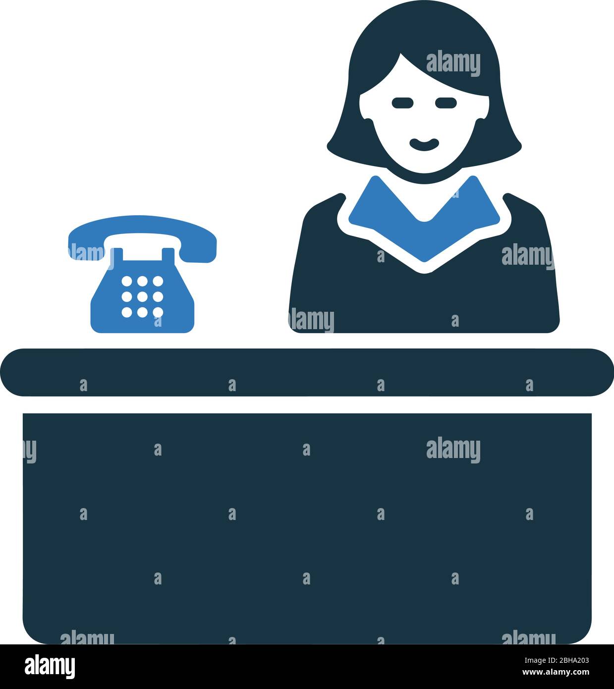 Design bellissimo e reception completamente modificabile, receptionist, banco, lobby, ufficio, icona del servizio per il commercio, stampa media, web o qualsiasi tipo di design Illustrazione Vettoriale