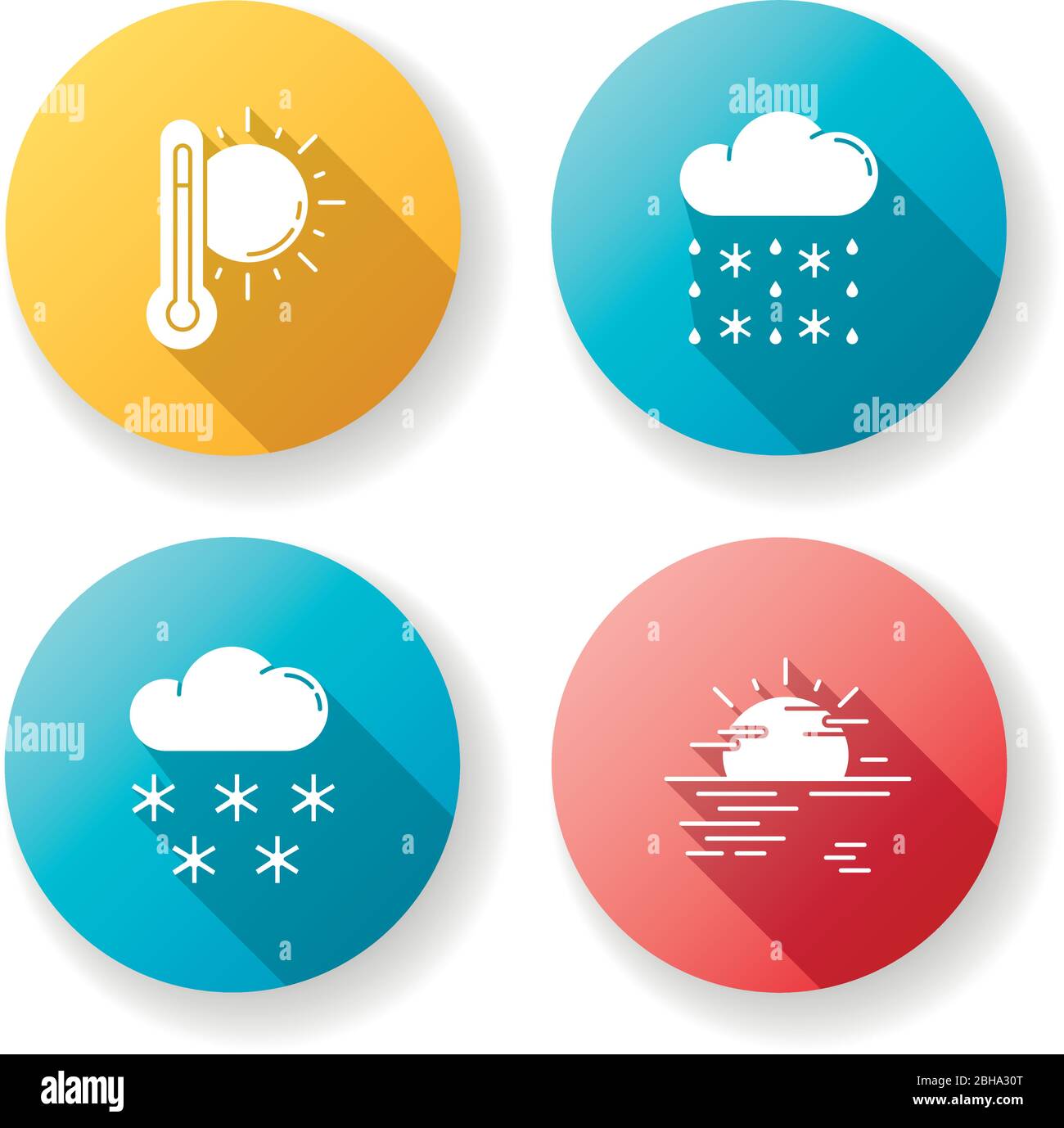 Previsione di temperatura e precipitazione disegno piatto icone glifo a lunga ombra impostato Illustrazione Vettoriale