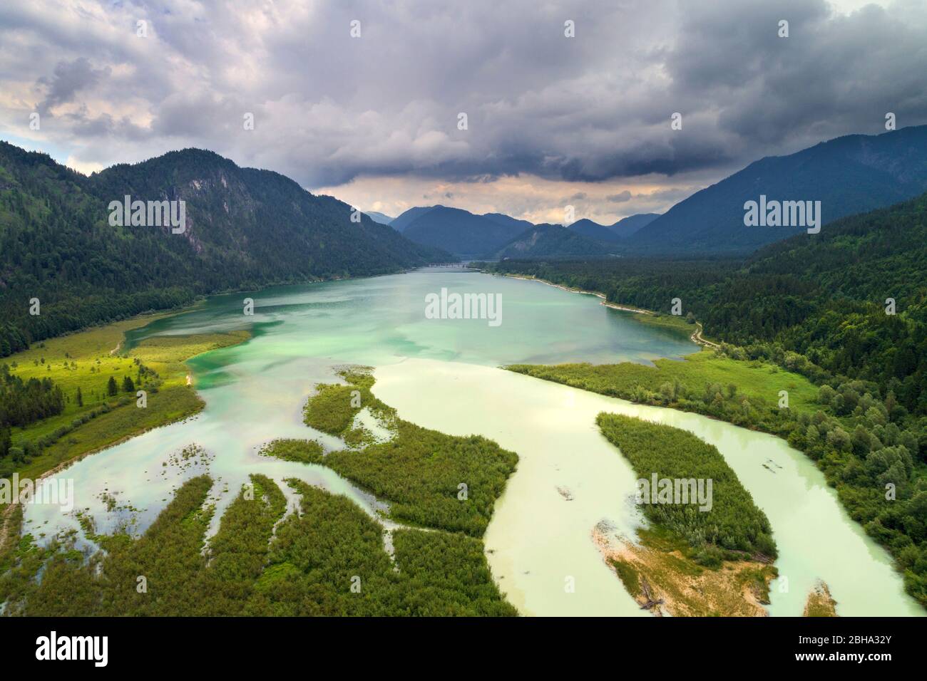 Sommer, Luftaufnahme, Sturm, Regen, Sylvensteinstausee, Isar, Bayern, Deutschland, Europa Foto Stock