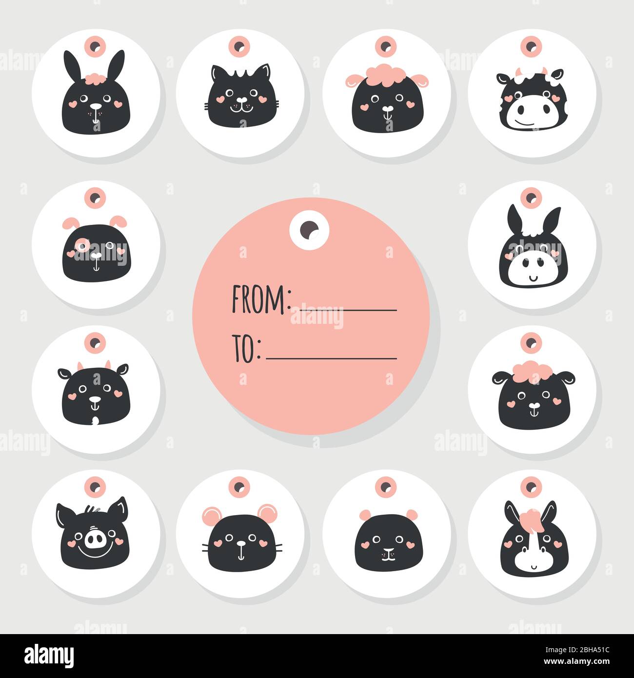 Animali da fattoria vettore bianco e nero pecora criceto cane gatto mucca, asino cavallo capra maiale coniglio. Illustrazione Vettoriale