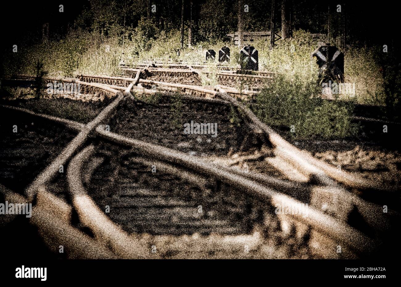 Tracce, incroci, lanterne di commutazione, erba, ferale, [processato digitalmente, RailArt Foto Stock