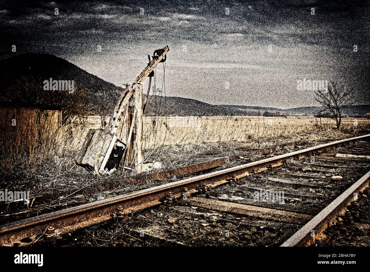 Traccia, tensionatore fuori servizio, elaborato digitalmente, RailArt Foto Stock