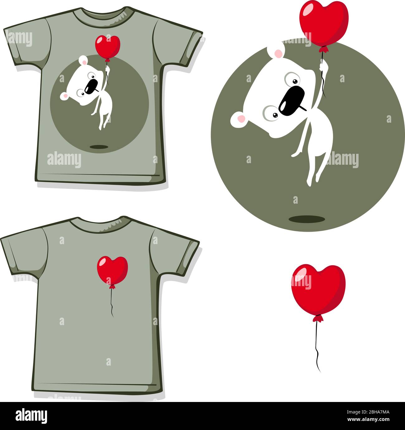 divertente stampa camicia valentine con cuore palloncino e bianco orso polare orso disegno piatto vettore illustrazione Illustrazione Vettoriale
