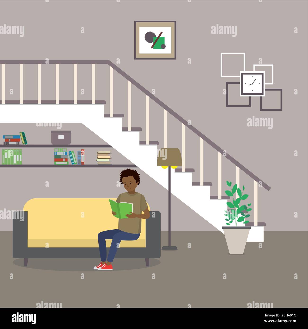 Home interior.Sofa situato sotto le scale c'è anche un vaso con una pianta, lampada, foto e orologio, african amerian teenager leggere, piatto vettore illustrr Illustrazione Vettoriale