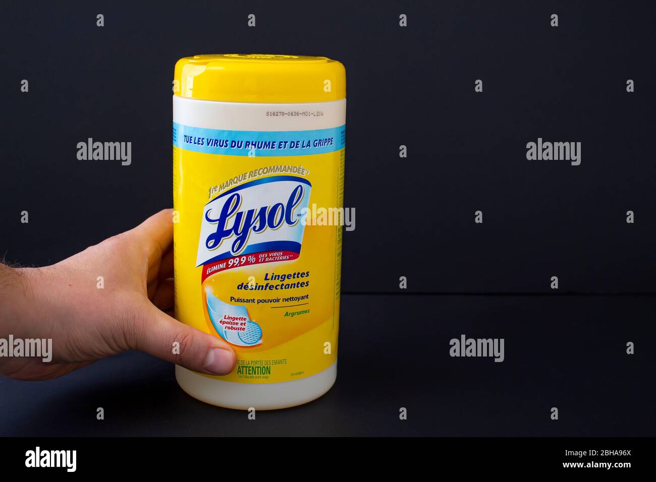 Calgary, Alberta. Canada. 24 aprile 2020 UNA persona che detiene Lysol disinfettante salviette - Limone e Lime su uno sfondo nero Foto Stock