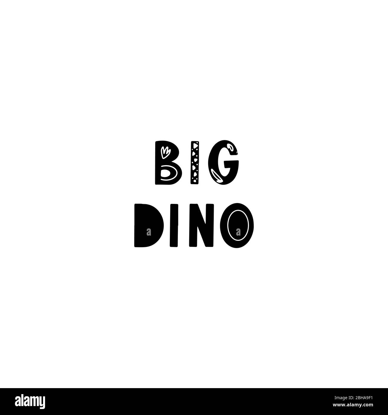 Divertente testo scritta per bambini Big Dino con elementi disegnati a mano in stile scandinavo per poster, bambini di design nido. Illustrazione vettoriale. Illustrazione Vettoriale