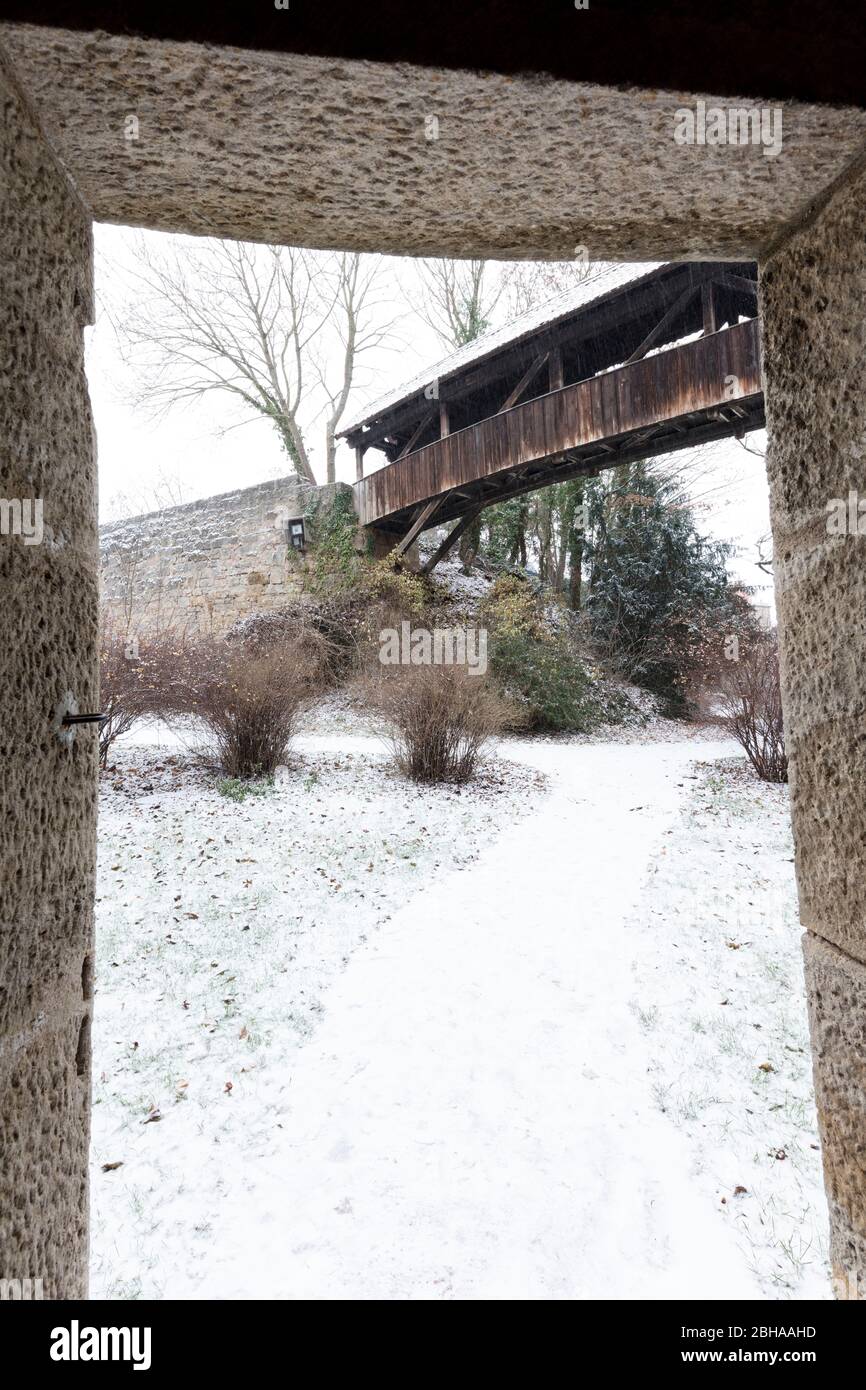 Blick auf Burggarten, Winter Schnee, Rothenburg ob der Tauber, Franken, Bayern, Deutschland, Europa Foto Stock