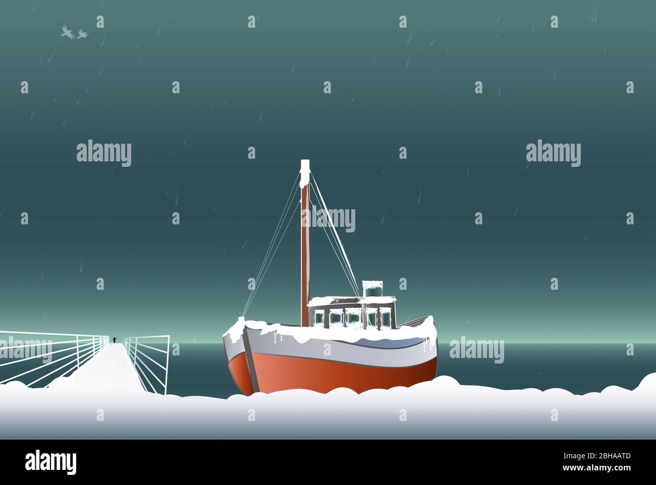 Barca sulla spiaggia in inverno, molo, poster motivi. Illustrazione. Foto Stock