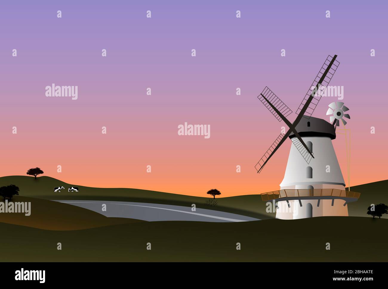 Mulino a vento, paesaggio, tramonto, poster motivi. Grafica vettoriale. Foto Stock